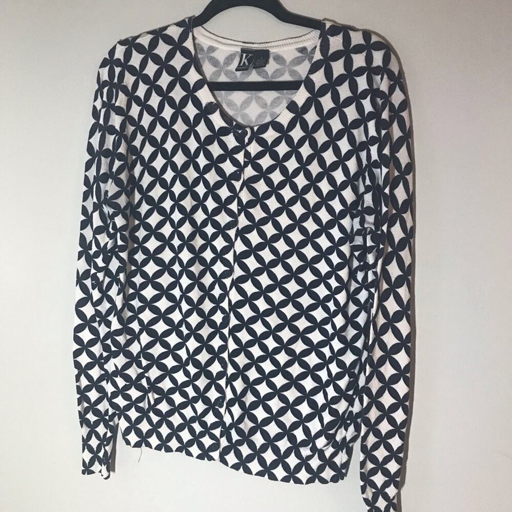 Kempson lg geometric scoop neck button up cardigan navy white rayon mix office